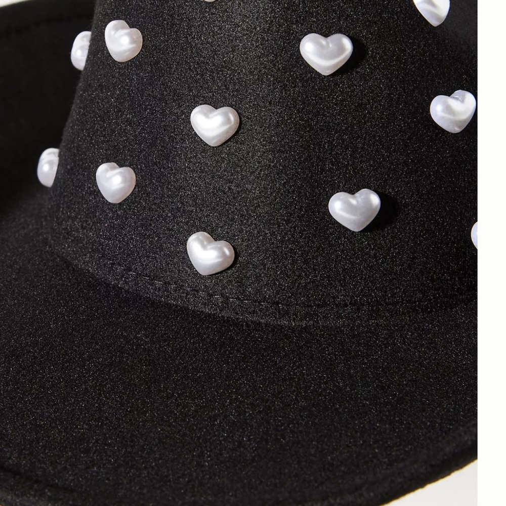 Anthropologie Heart Pearls Rancher Hat Beaded Crown Wool Felt Black - Picture 7 of 8